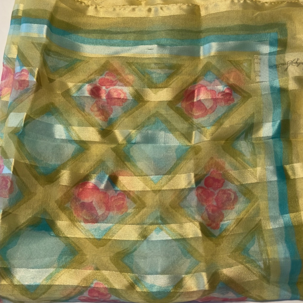 Jaclyn Smith Vintage Square Scarf Made in Italy Yellow Pink Floral Trellis 90s - Picture 2 of 7